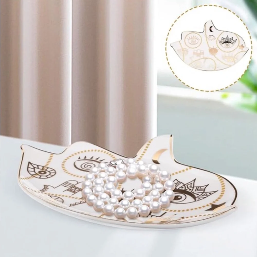 New Ceramic Hamsa Hand Evil Eye Gold Illustrative Jewelry Tray ~ Trinket Tray - Picture 3 of 12